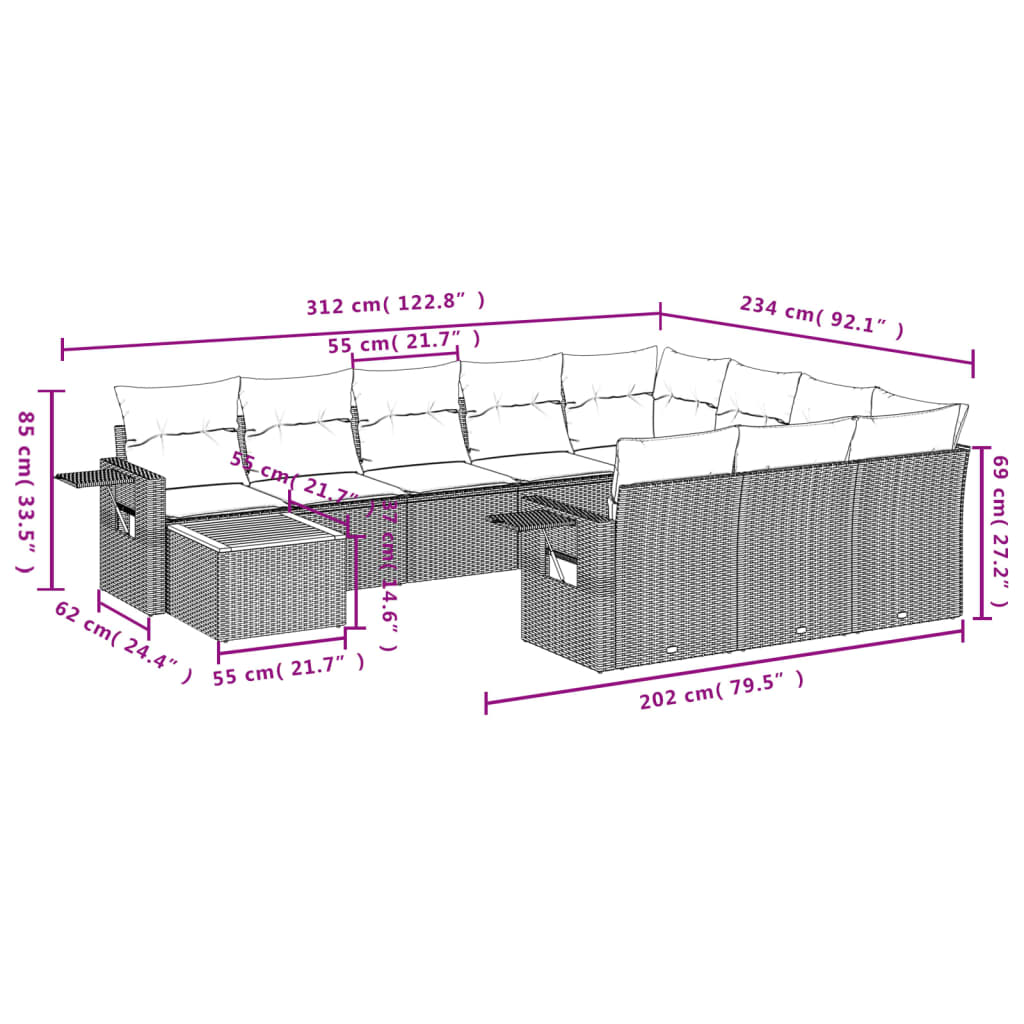 vidaXL Set Divani da Giardino 11 pz con Cuscini in Polyrattan Nero