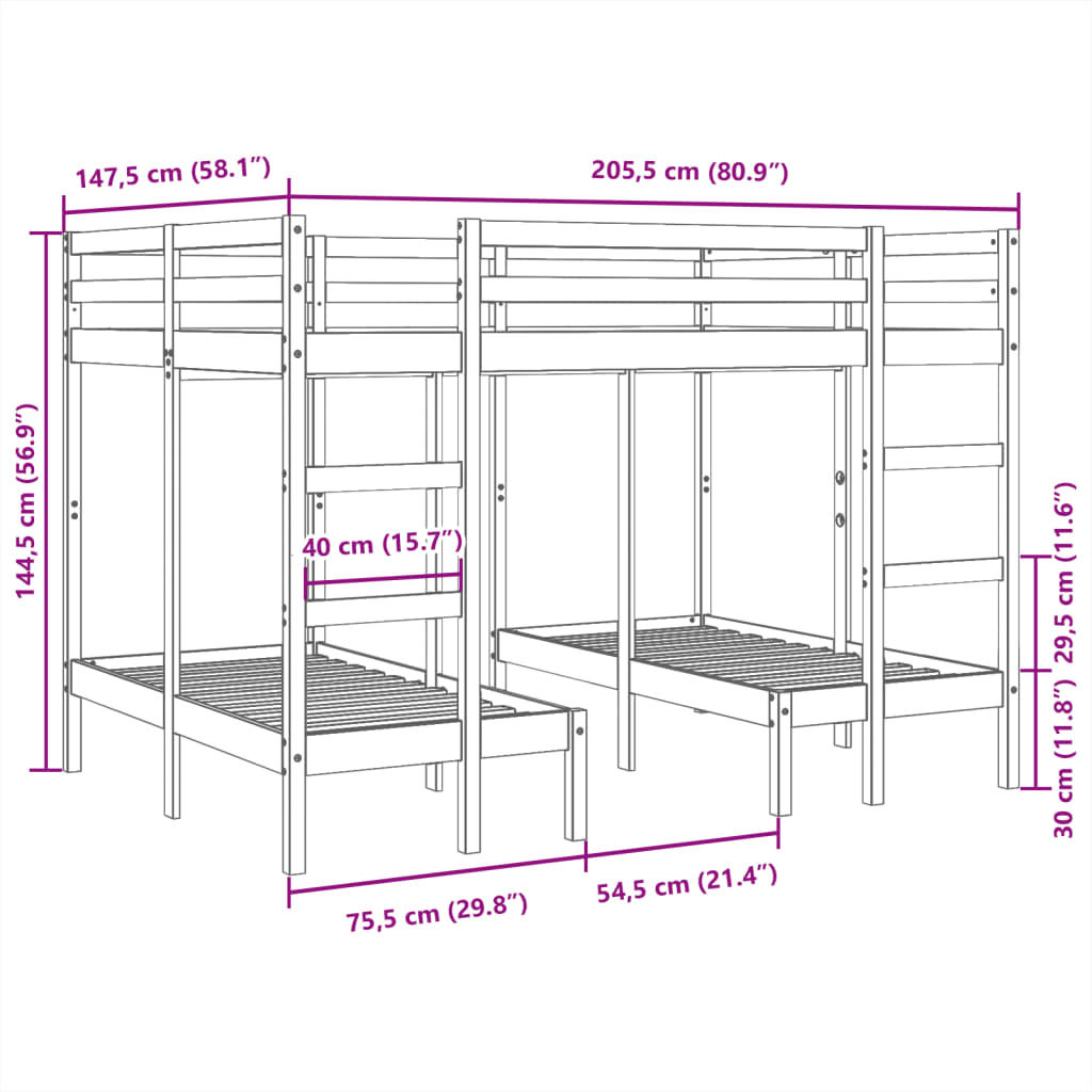 vidaXL Giroletto Castello Triplo Marrone Cera 140x200/70x140cm Pino