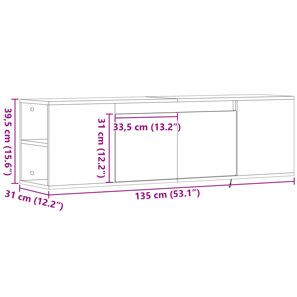 vidaXL Mobile TV a Parete con Luci LED Grigio Cemento 135x31x39,5 cm