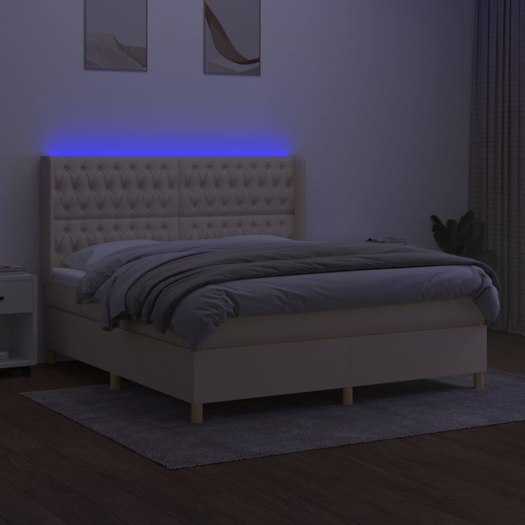 vidaXL Letto a Molle con Materasso e LED Crema 160x200 cm in Tessuto