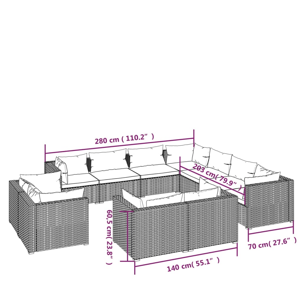 vidaXL Set Divani da Giardino 11 pz con Cuscini in Polyrattan Grigio