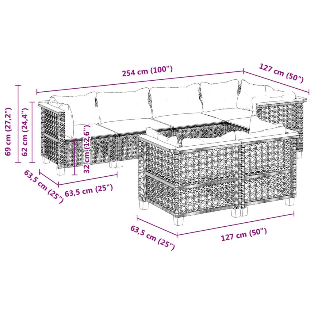 vidaXL Set Divani da Giardino con Cuscini 7pz Nero Polyrattan