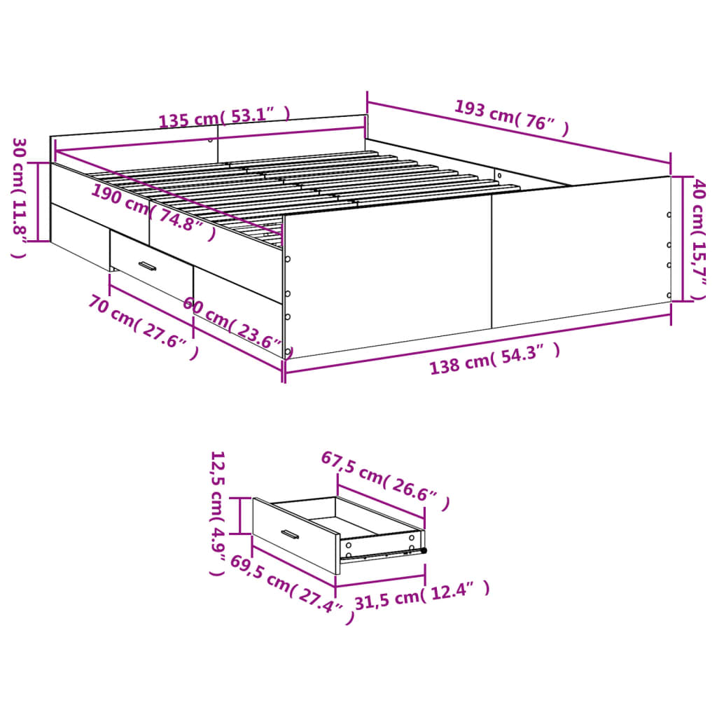 vidaXL Giroletto con Cassetti Bianco 135x190 cm in Legno Multistrato