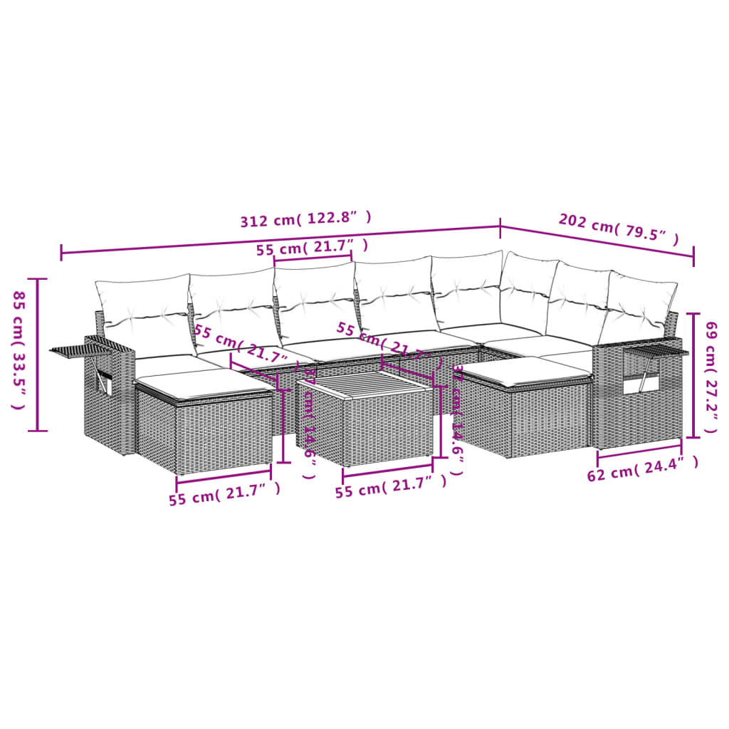 vidaXL Set Divani da Giardino 10pz con Cuscini in Polyrattan Nero