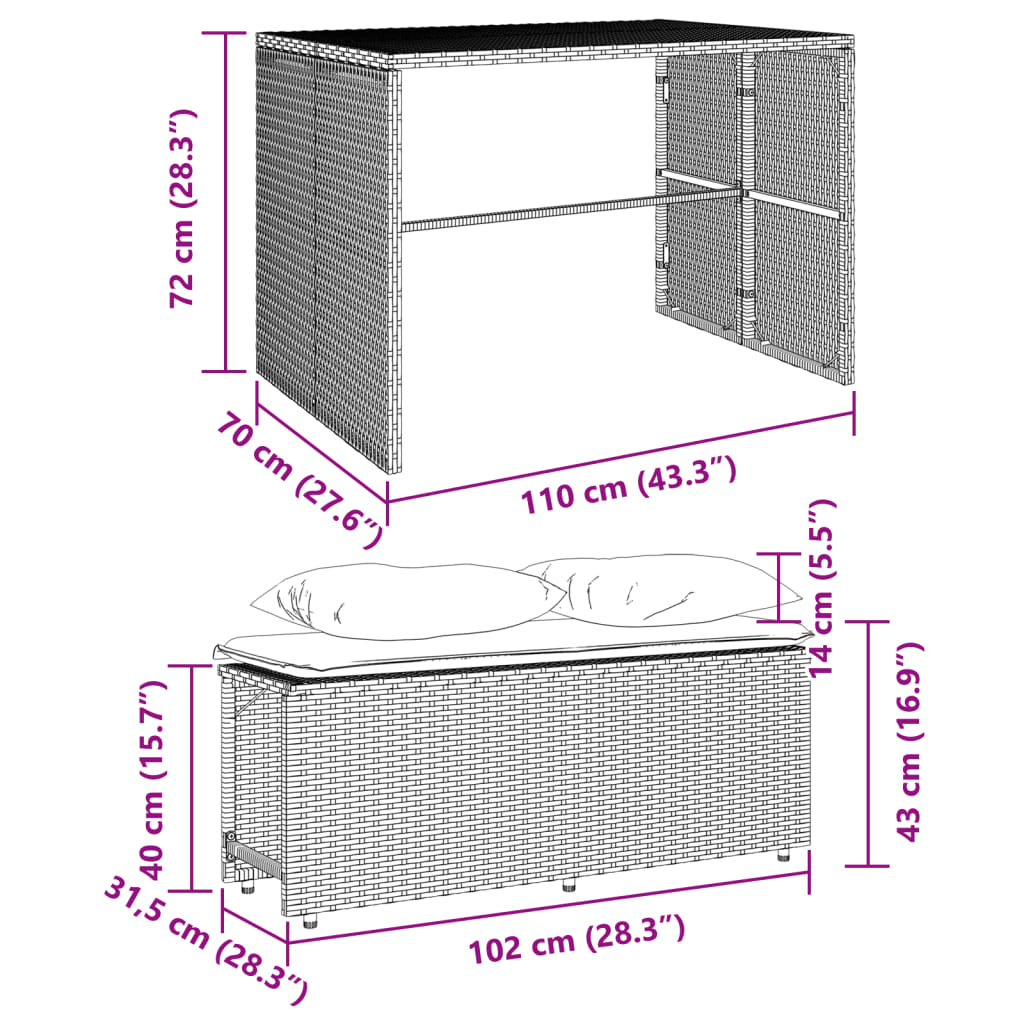 vidaXL Set da Pranzo da Giardino 3 pz con Cuscini in Polyrattan Grigio