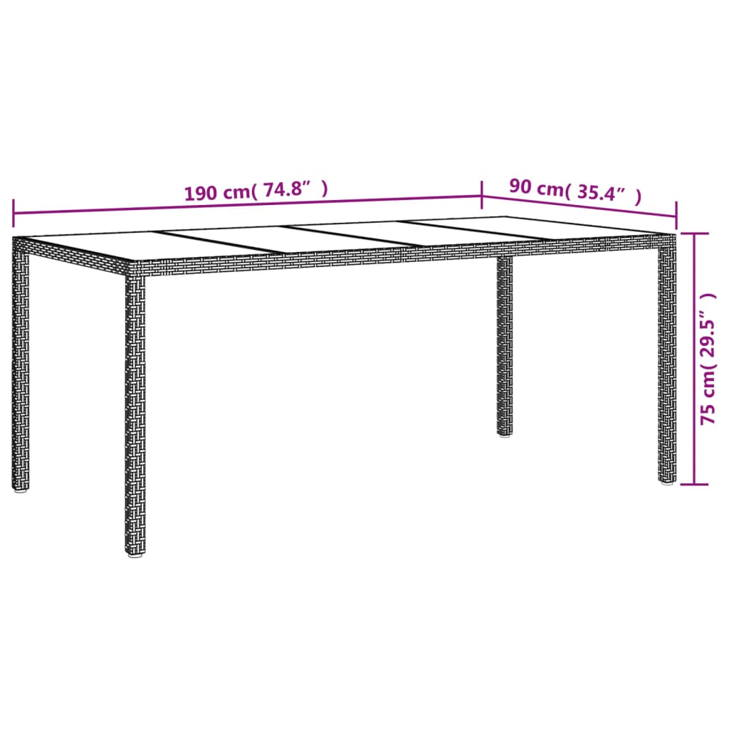 vidaXL Tavolo Giardino Grigio 190x90x75 cm Vetro Temperato Polyrattan