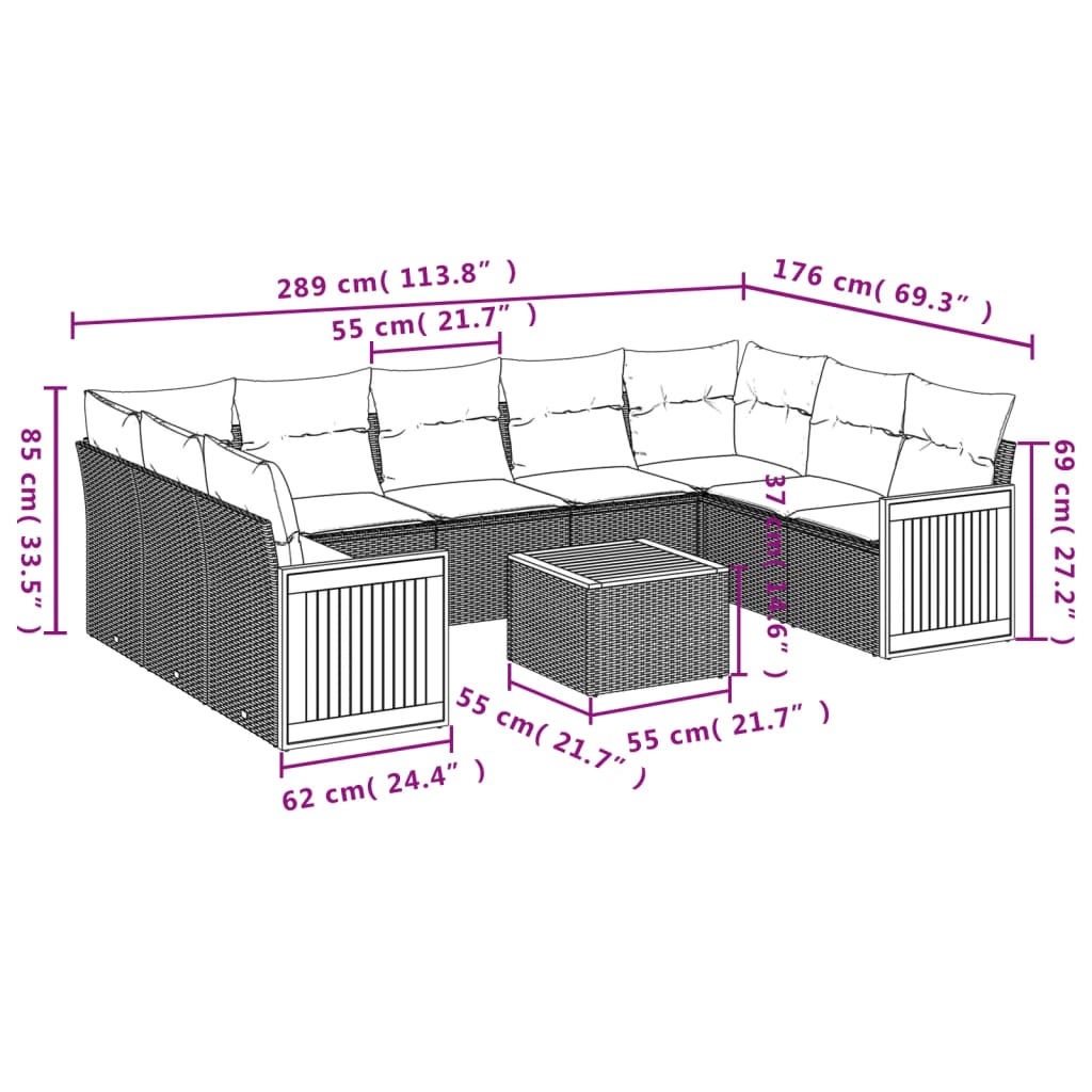 vidaXL Set Divani da Giardino 10pz con Cuscini in Polyrattan Nero