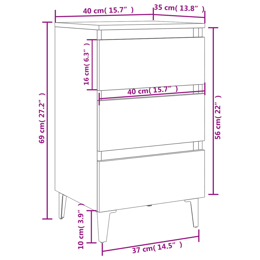 vidaXL Comodino con Gambe in Metallo Grigio Sonoma 40x35x69 cm