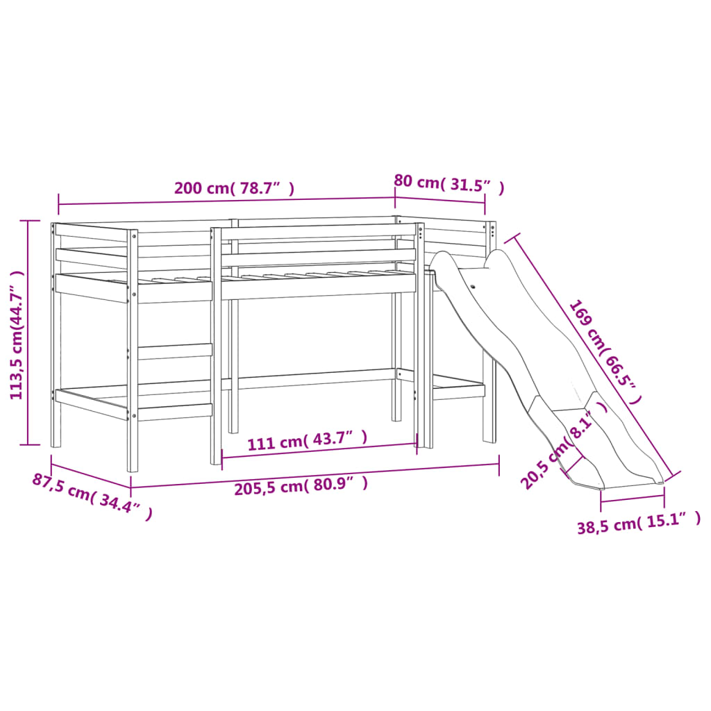 vidaXL Letto a Soppalco con Tunnel Bambini Blu 80x200cm Massello Pino