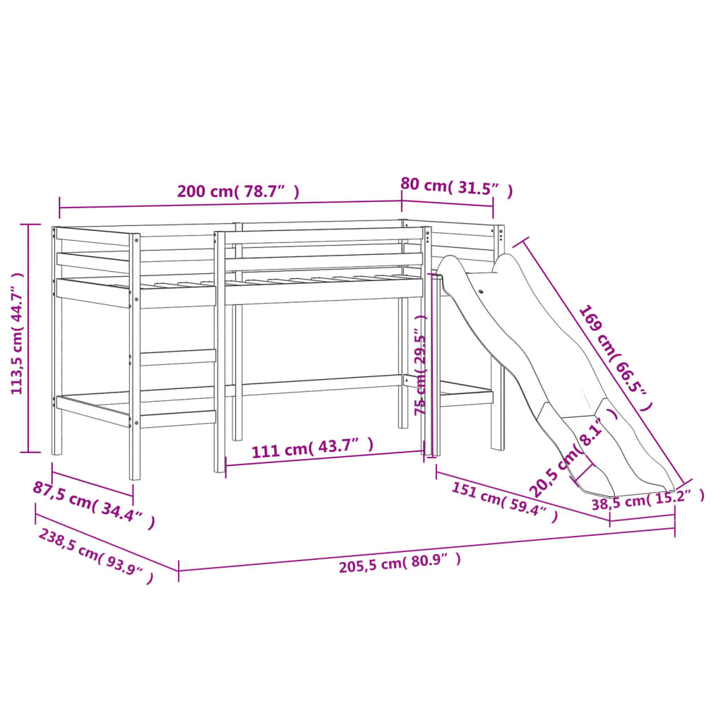 vidaXL Letto a Soppalco con Tende Bambini Rosa 80x200 cm Massello Pino