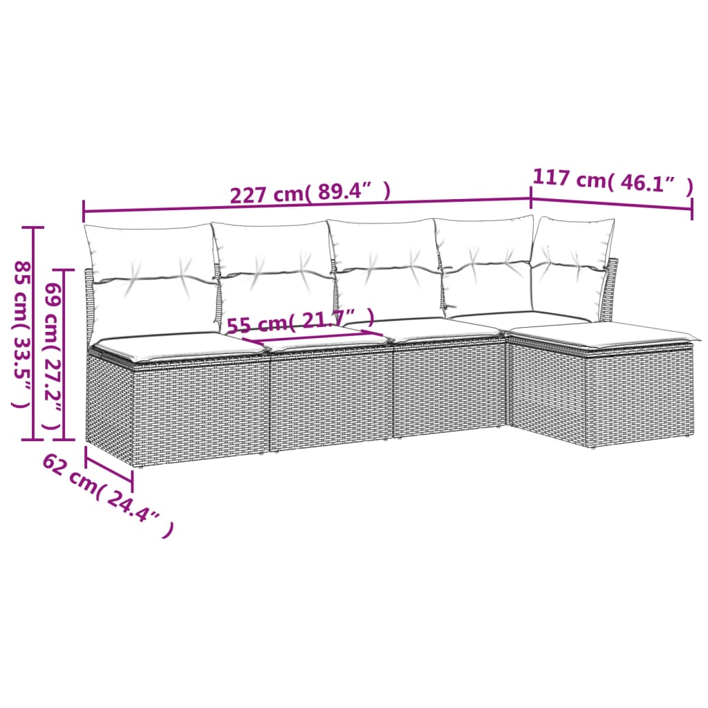 vidaXL Set Divani da Giardino 5 pz con Cuscini in Polyrattan Nero