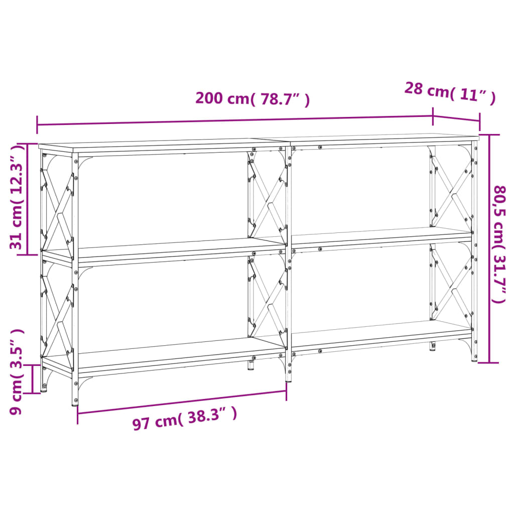 vidaXL Tavolo Consolle Grigio Sonoma 200x28x80,5 cm Legno Multistrato