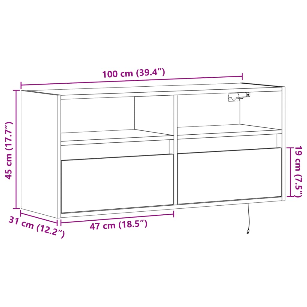 vidaXL Mobile TV a Parete con Luci LED Nero 100x31x45 cm