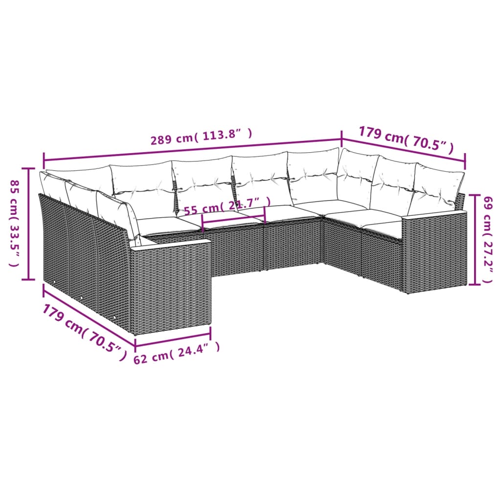 vidaXL Set Divani da Giardino 9 pz con Cuscini Nero in Polyrattan