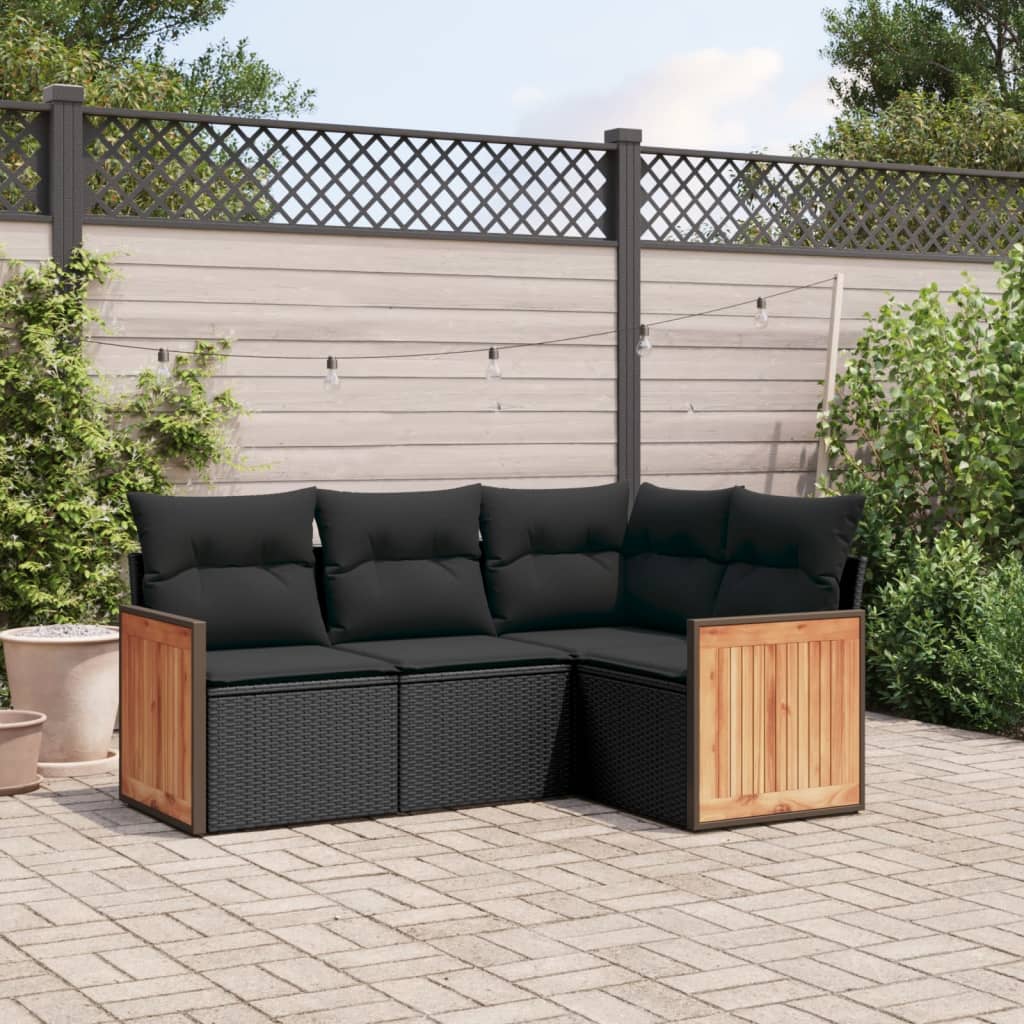 vidaXL Set Divani da Giardino 4 pz con Cuscini Nero in Polyrattan