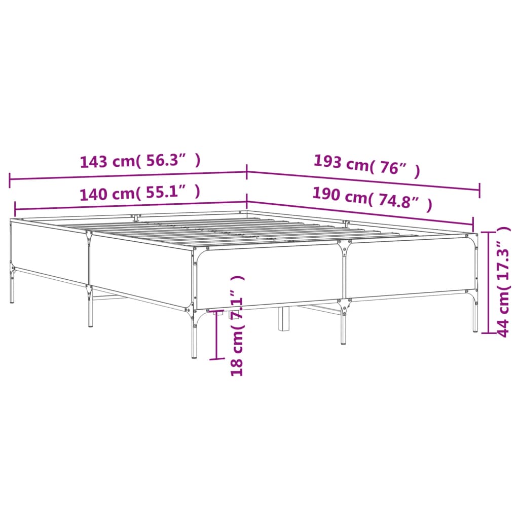 vidaXL Giroletto Grigio Sonoma 140x190 cm in Legno Multistrato Metallo