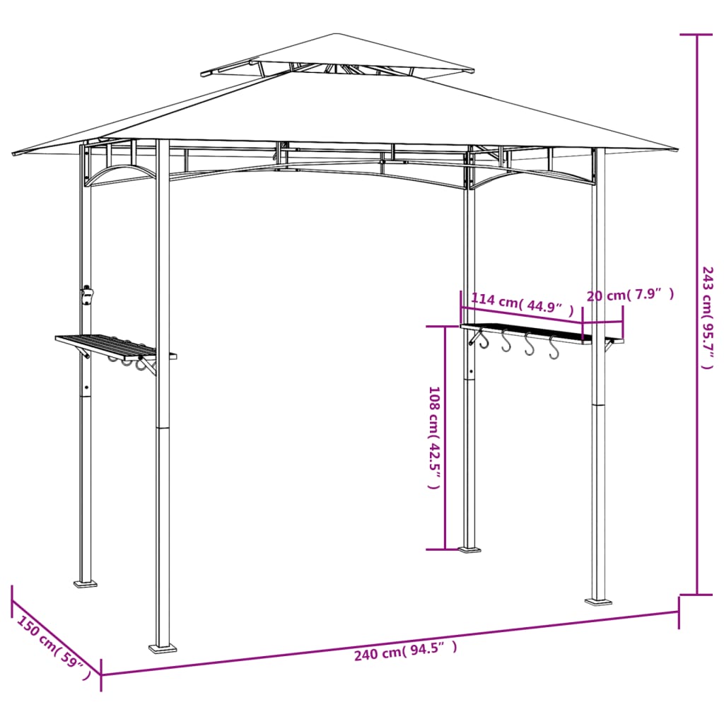 vidaXL Gazebo Barbecue Ripiani Laterali Antracite 240x150x243 Acciaio