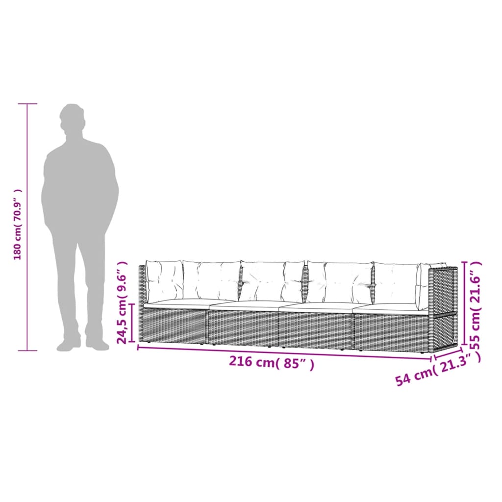 vidaXL Set Divani da Giardino 4 pz con Cuscini Nero in Polyrattan