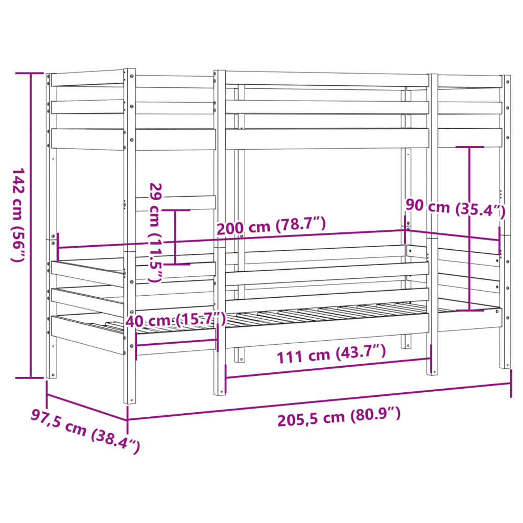 vidaXL Letto a Castello Bianco 90x200 cm in Legno Massello di Pino