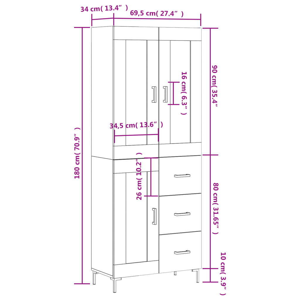 vidaXL Credenza Bianco Lucido 69,5x34x180 cm in Legno Multistrato