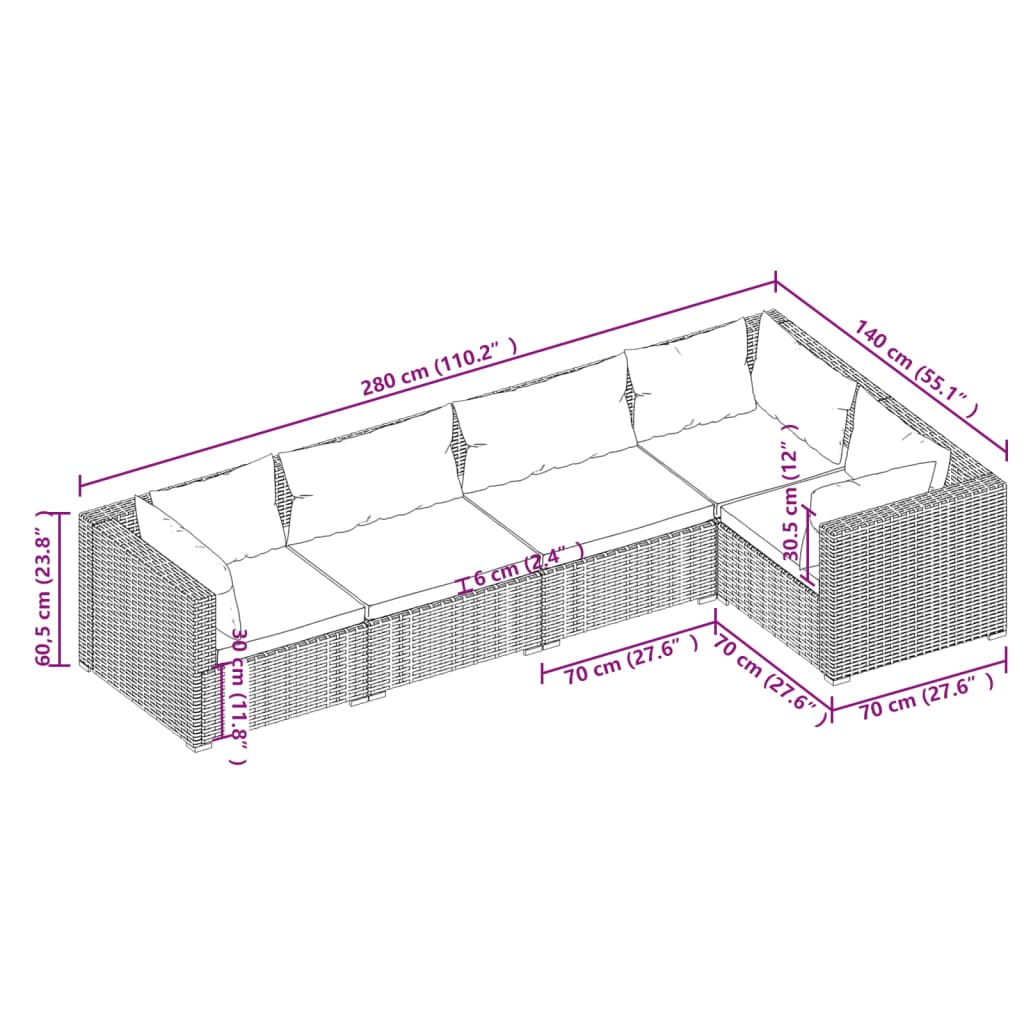 vidaXL Set Divani da Giardino 5 pz con Cuscini in Polyrattan Marrone