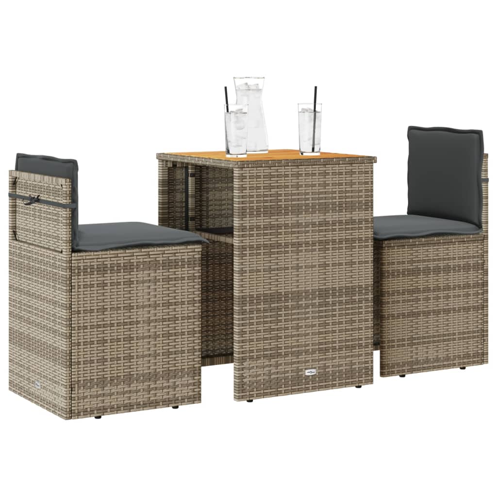 vidaXL Set da Bistrò 3 pz con Cuscini Grigio in Polyrattan