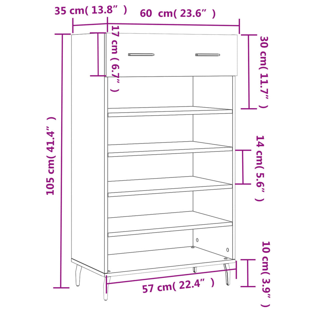 vidaXL Scarpiera Bianco Lucido 60x35x105 cm in Legno Multistrato