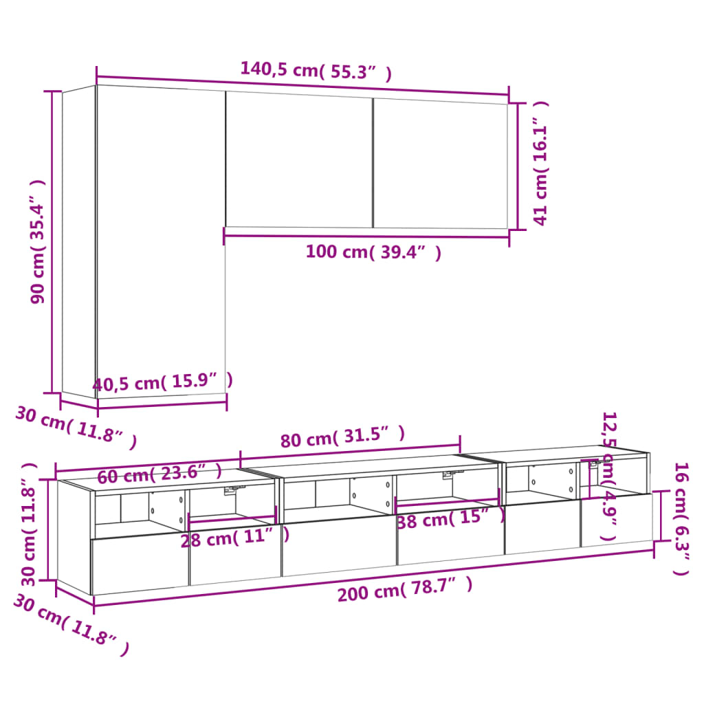 vidaXL Mobili TV a Muro 5pz Bianchi in Legno Multistrato