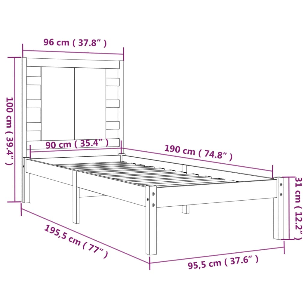 vidaXL Giroletto Nero in Legno Massello 90x190 cm Single