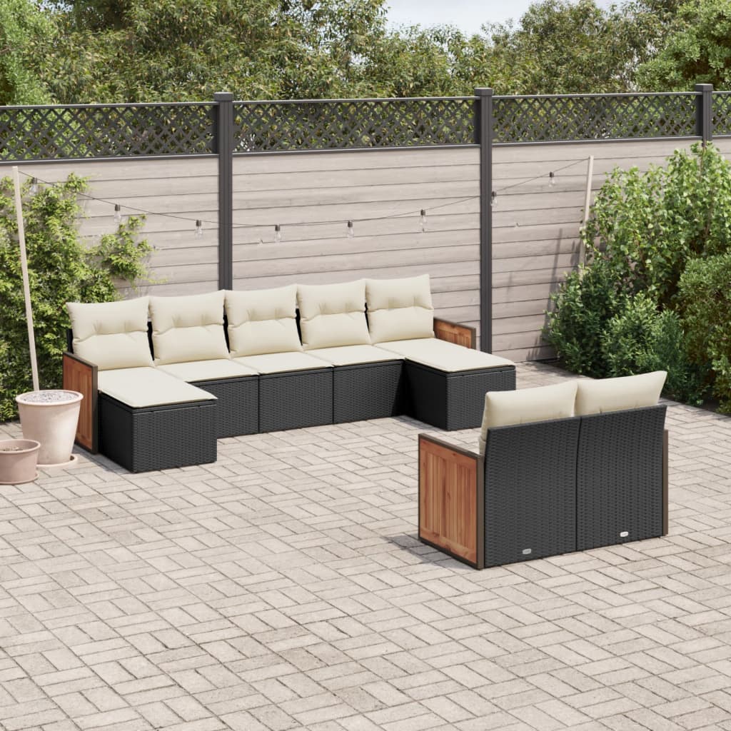 vidaXL Set Divani da Giardino 9 pz con Cuscini Nero in Polyrattan