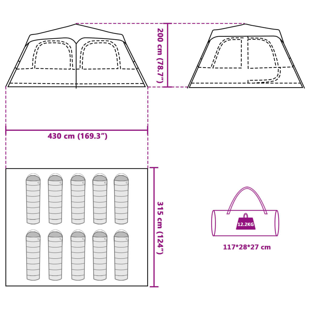 vidaXL Tenda Familiare a Cupola 10 Persone Verde a Rilascio Rapido