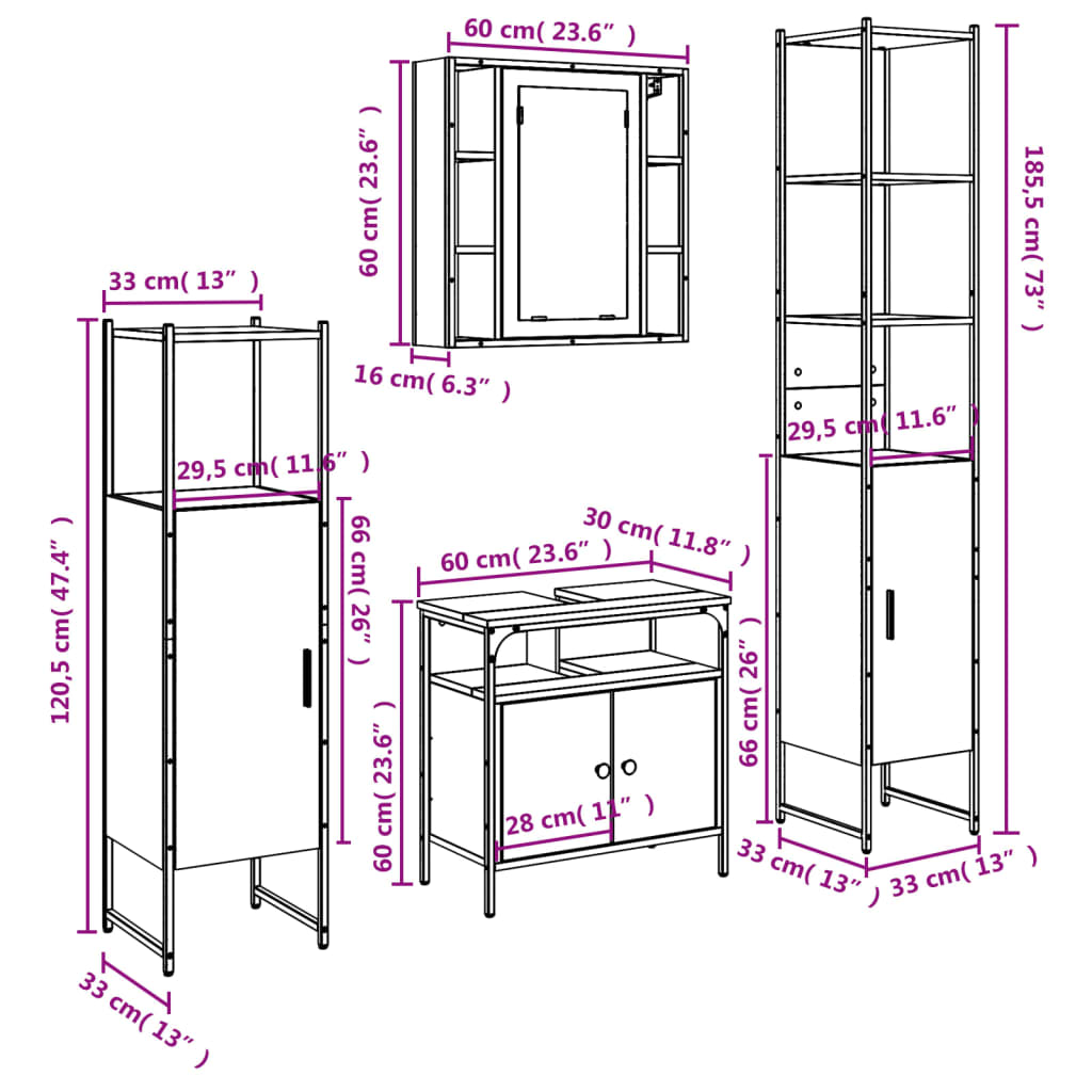 vidaXL Set Mobili da Bagno 4 pz Nero in Legno Multistrato