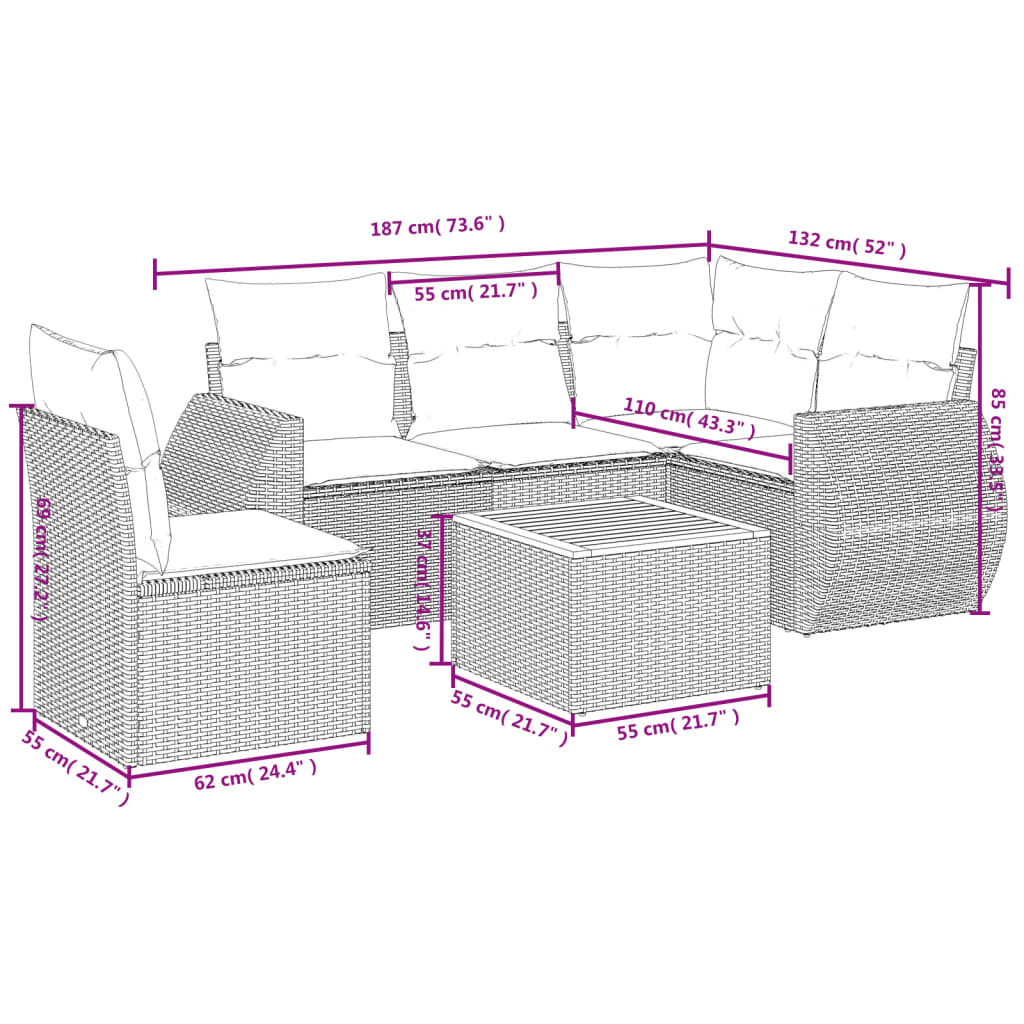 vidaXL Set Divano da Giardino 6 pz con Cuscini Nero in Polyrattan