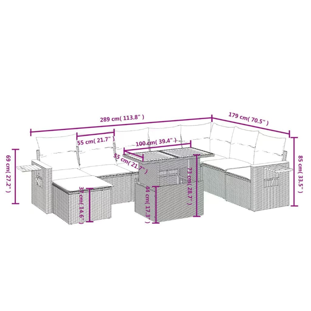 vidaXL Set Divani da Giardino 9 pz con Cuscini Nero in Polyrattan