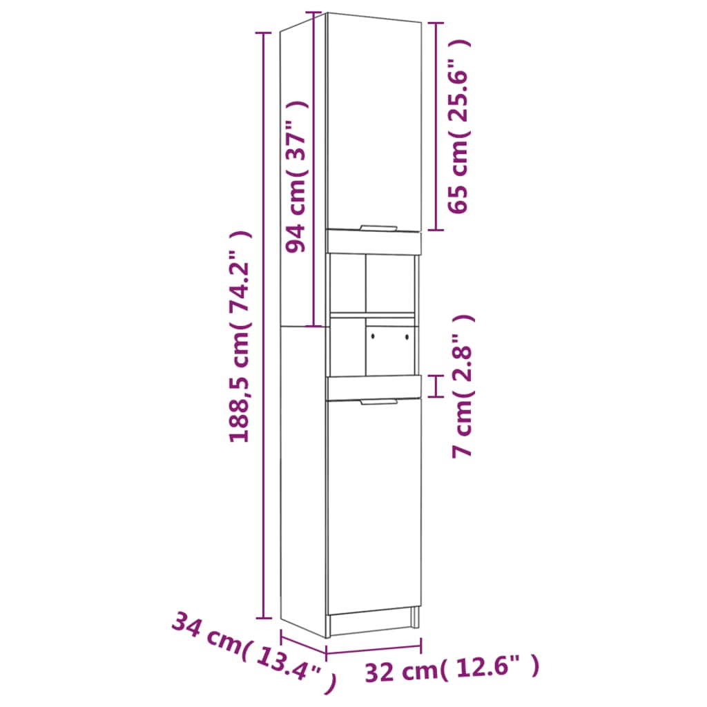 vidaXL Armadietto da Bagno Rovere Sonoma 32x34x188,5 cm in Truciolato