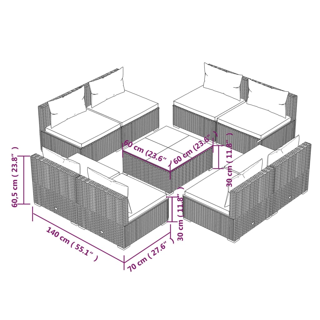 vidaXL Set Divani da Giardino 9 pz con Cuscini in Polyrattan Nero