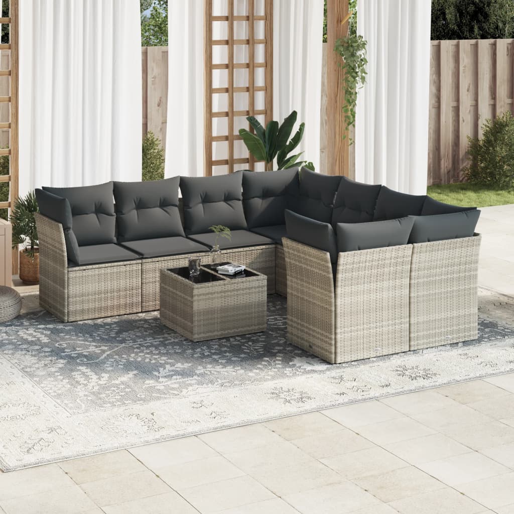 vidaXL Set Divano da Giardino 9pz con Cuscini Grigio Chiaro Polyrattan