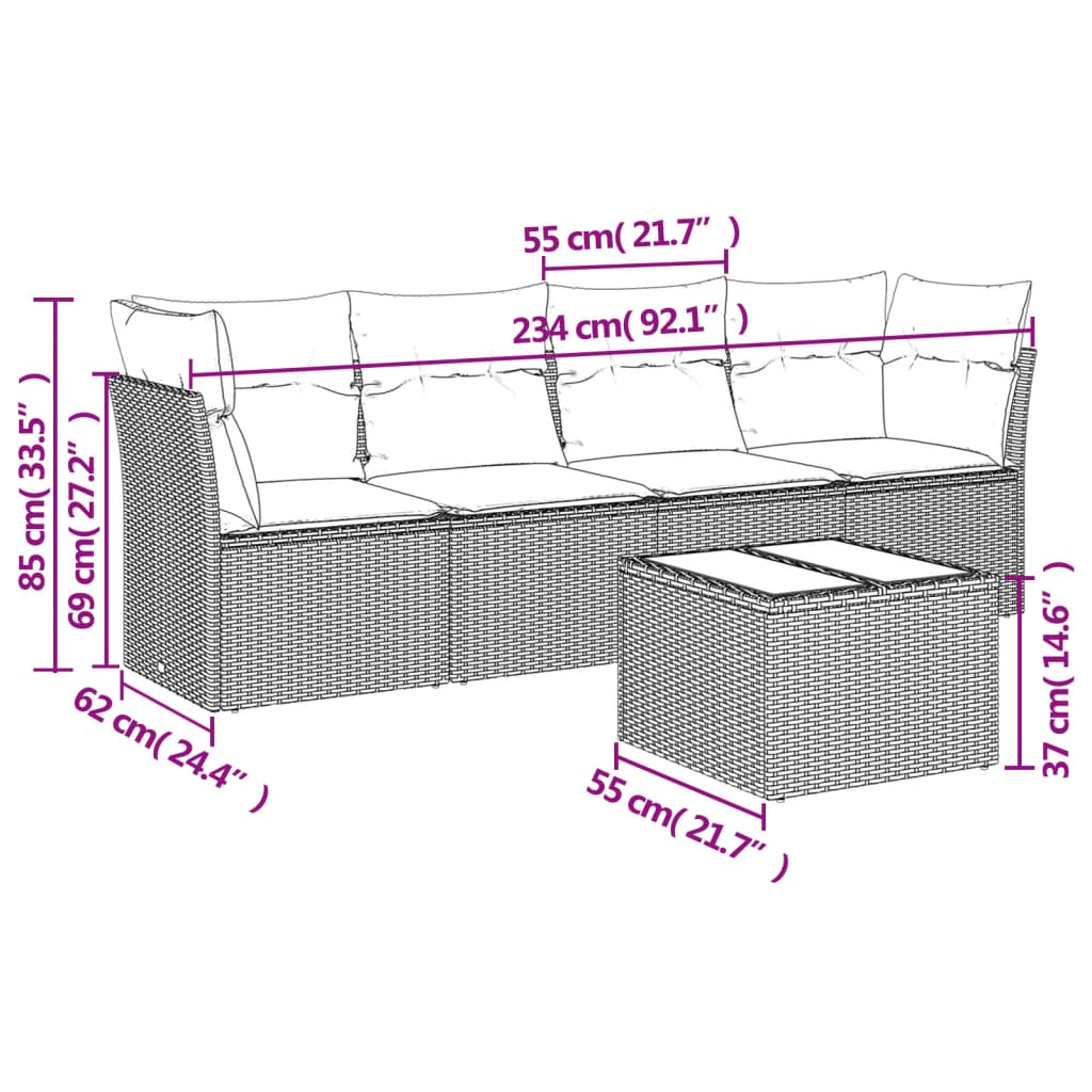 vidaXL Set Divani da Giardino 5 pz con Cuscini in Polyrattan Nero