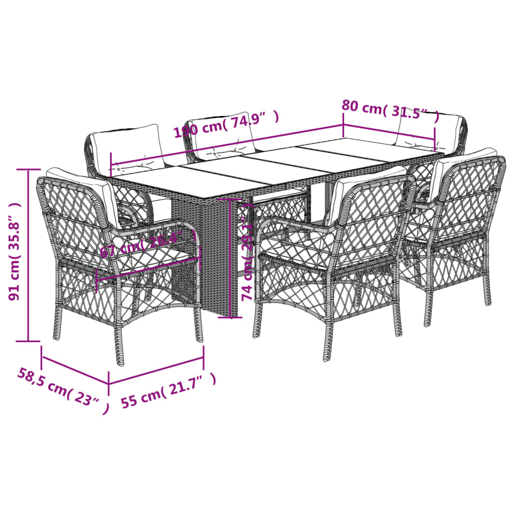 vidaXL Set da Pranzo da Giardino 7 pz Nero con Cuscini in Polyrattan