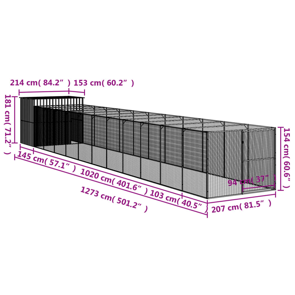 vidaXL Casetta Cani con Corsa Antracite 214x1273x181cm Acciaio Zincato