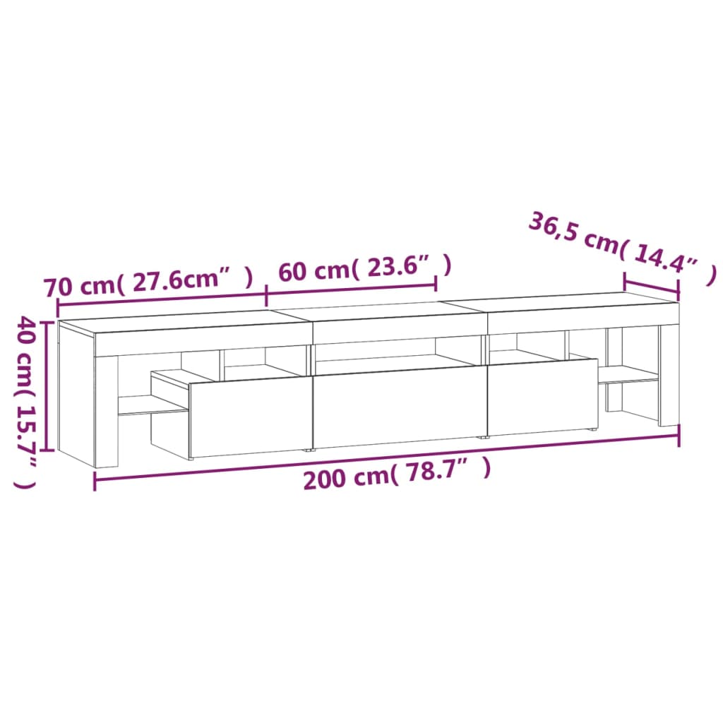 vidaXL Mobile Porta TV con Luci LED Rovere Fumo 200x36,5x40 cm