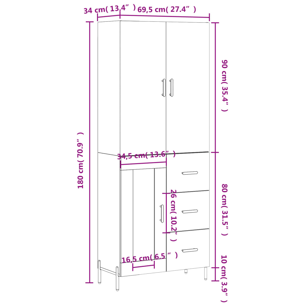 vidaXL Credenza Bianca 69,5x34x180 cm in Legno Multistrato