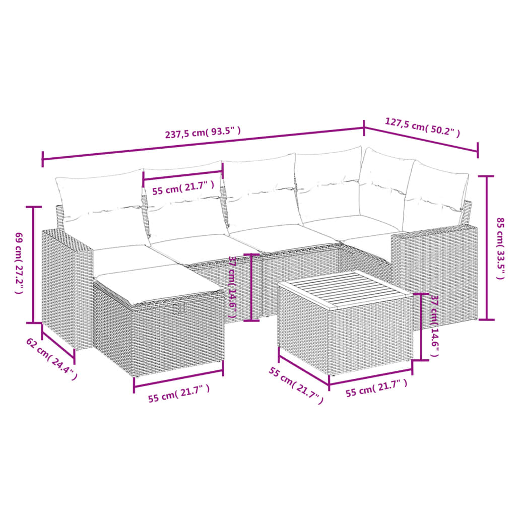 vidaXL Set Divano da Giardino 7 pz con Cuscini Beige Misto Polyrattan