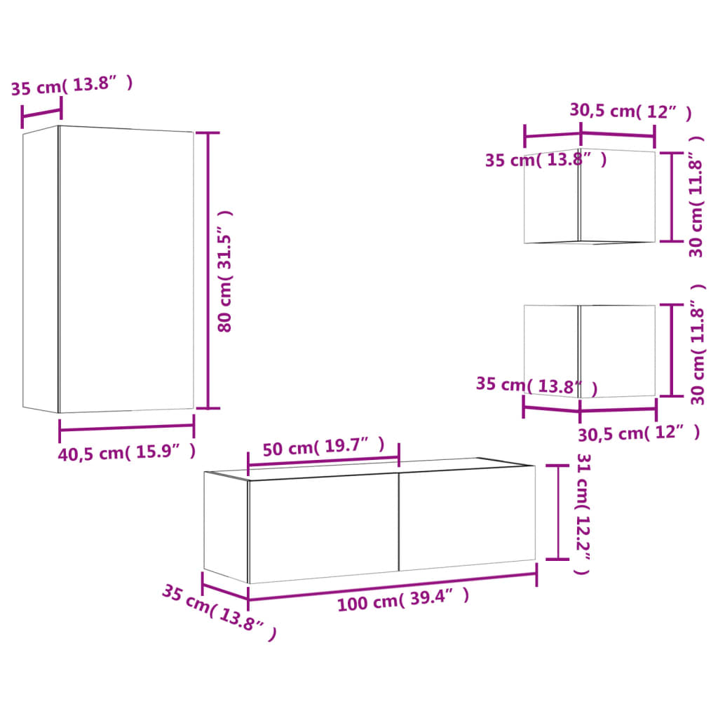 vidaXL Mobili TV a Muro 4pz con Luci LED Rovere Fumo