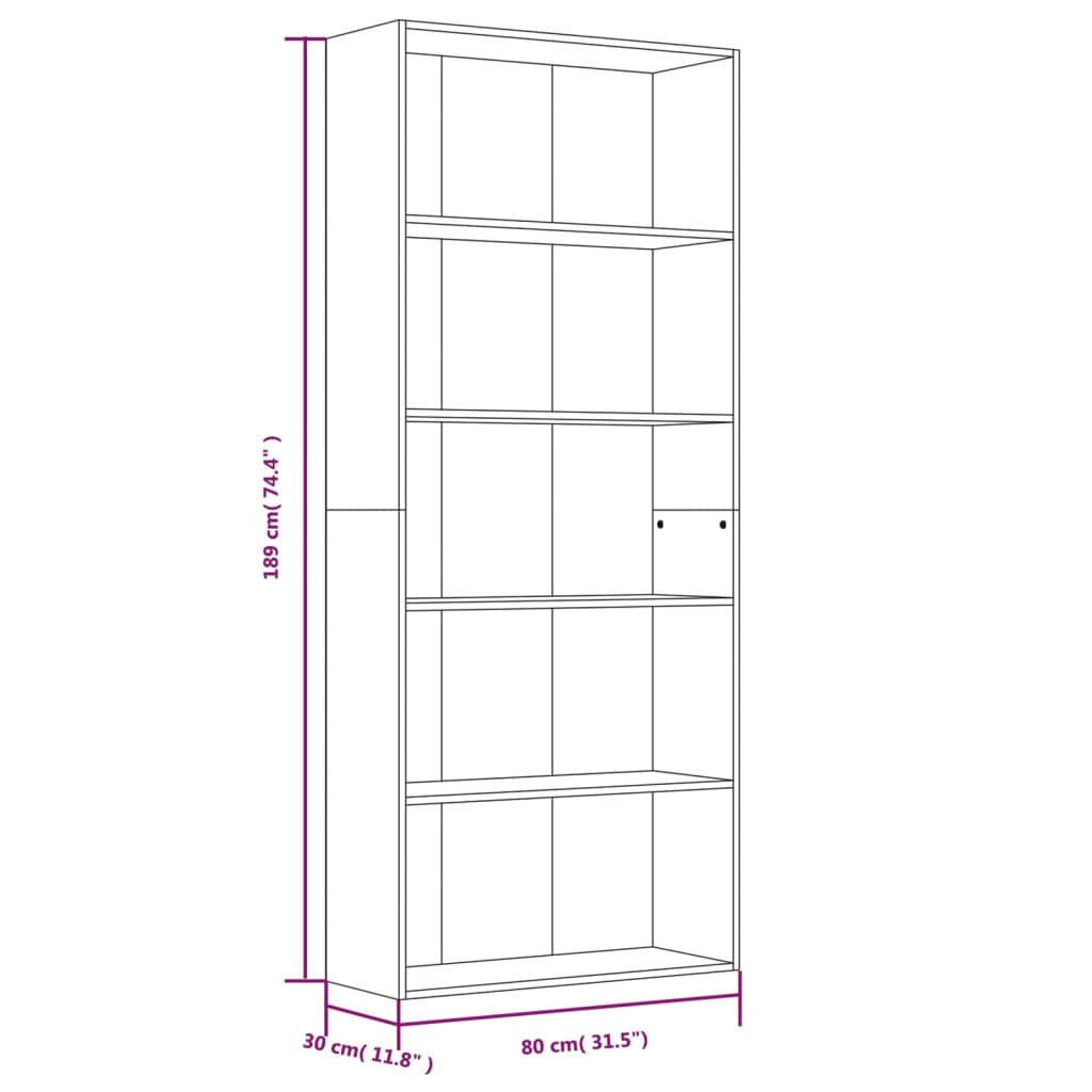 vidaXL Libreria 5 Ripiani Grigio Sonoma 80x30x189 cm Legno Multistrato