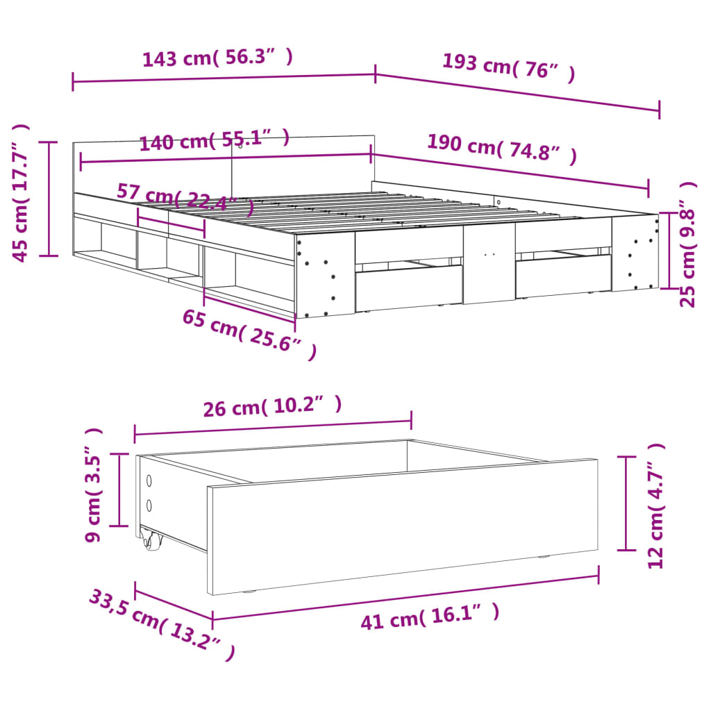 vidaXL Giroletto con Cassetti Rovere Fumo 140x190 cm Legno Multistrato