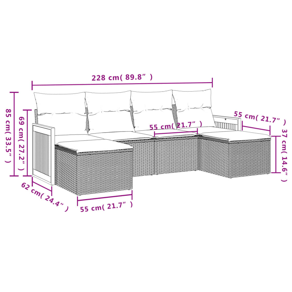 vidaXL Set Divano da Giardino 6 pz con Cuscini Nero in Polyrattan