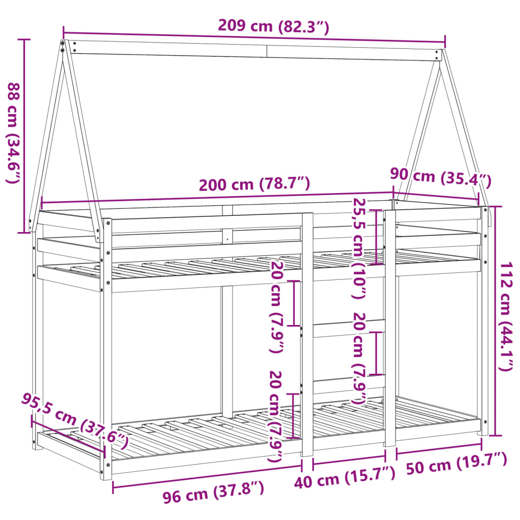 vidaXL Letto a Castello con Tetto Cera 90x200 cm Legno Massello Pino