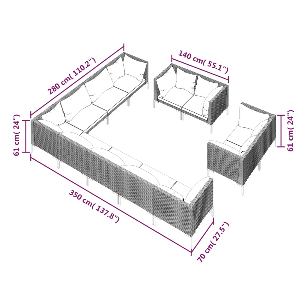 vidaXL Divani da Giardino 12 pz con Cuscini in Polyrattan Grigio Scuro