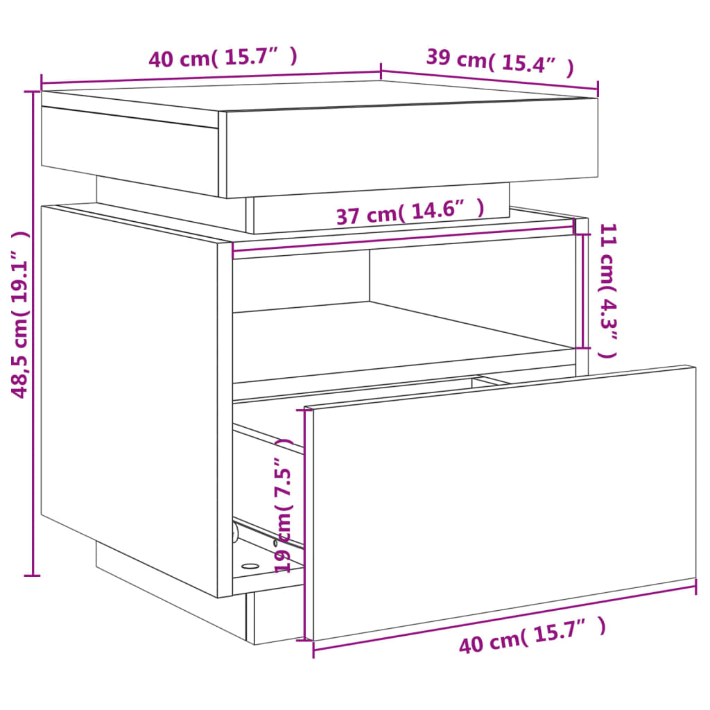 vidaXL Comodino con Luci LED Rovere Fumo 40x39x48,5 cm